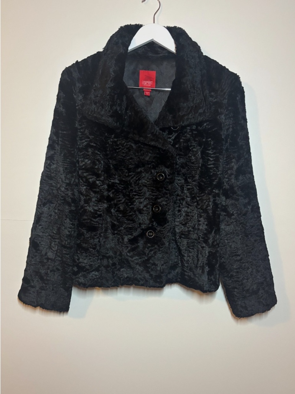Esprit Vintage 90s Black Faux Teddy Coat with Button Front, Size S